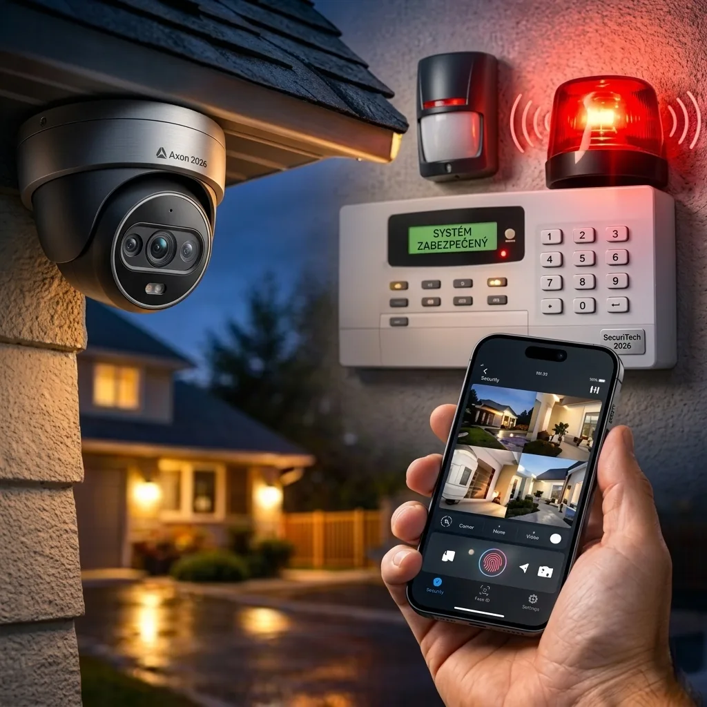 Domáci zabezpečovací systém, kamera nad vchodom, alarm s klávesnicou pri dverách a živý náhľad v mobile